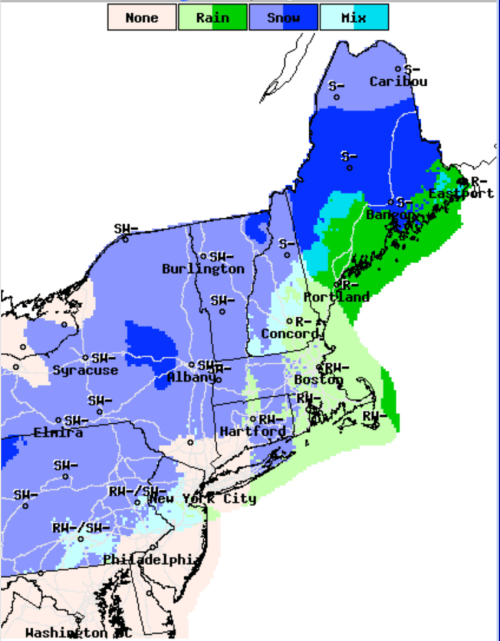 Weather map of New England showing areas of rain, snow, and mixed precipitation.