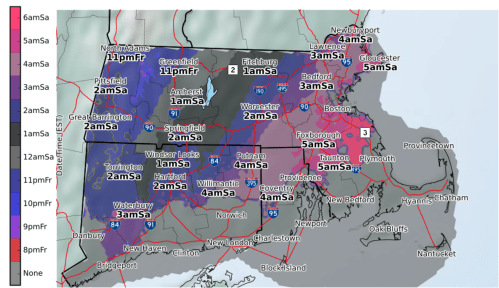 Map showing snowfall forecast for Massachusetts, with color-coded time indicators for different regions.