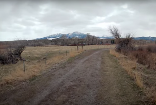 A gravel path leads through a grassy field with mountains in the background under a cloudy sky.