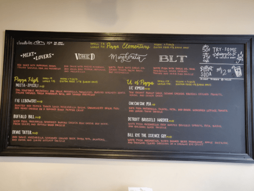 Menu board featuring various pizza options, including Meat Lovers, Veggie, Margherita, and unique specialty pizzas.