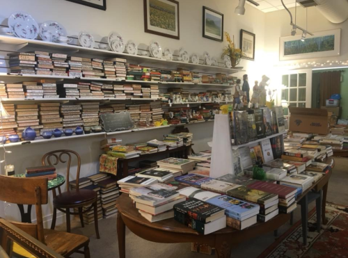 A cozy bookstore interior filled with shelves of books, a table stacked with more books, and decorative items.