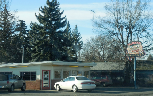 A small fast-food restaurant with a sign reading "Twin Burgers," surrounded by trees and parked cars.