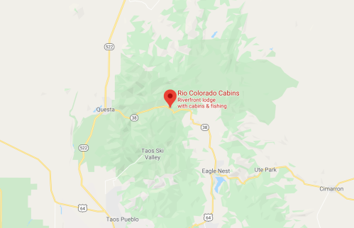 Map showing the location of Rio Colorado Cabins, a riverfront lodge with cabins and fishing, near Taos, New Mexico.