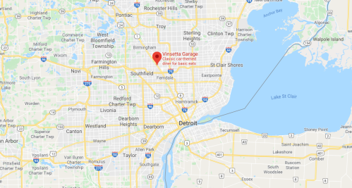 Map showing the location of Vinsetta Garage, a classic diner, in the Detroit area, near Southfield and Dearborn.