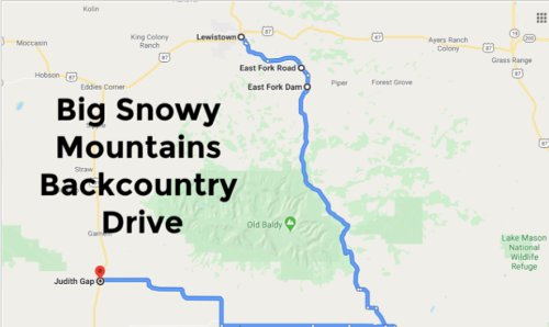 Map highlighting the Big Snowy Mountains Backcountry Drive route near Judith Gap, Montana.