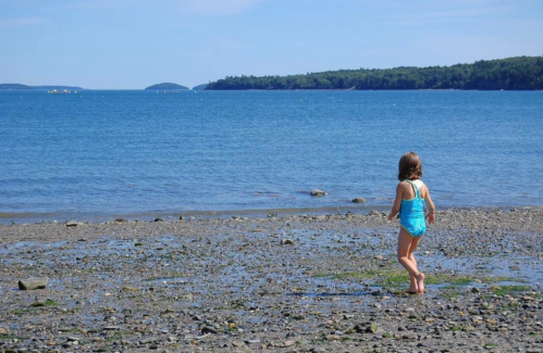 A child in a blue swimsuit walks along a rocky beach, with calm blue water and green hills in the background.