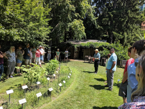 A group of people gathers in a garden, listening to a speaker near rows of plants and trees in a sunny setting.