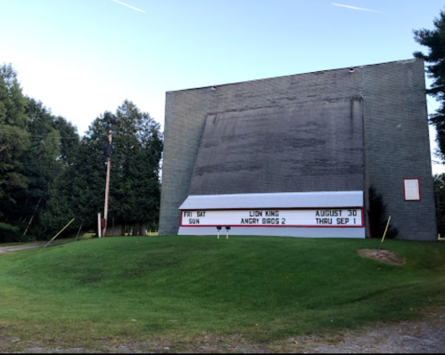 A drive-in movie theater screen with a grassy area in front, featuring a schedule for "The Lion King" and "Angry Bros 2."
