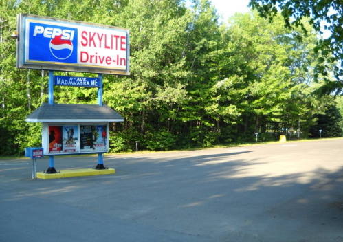 Sign for Pepsi Skylite Drive-In with a wooded area in the background and an empty parking lot.
