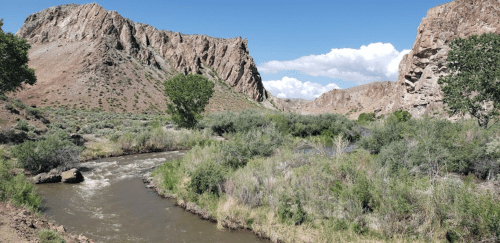 A winding river flows through a rocky canyon, surrounded by lush greenery and rugged cliffs under a blue sky.