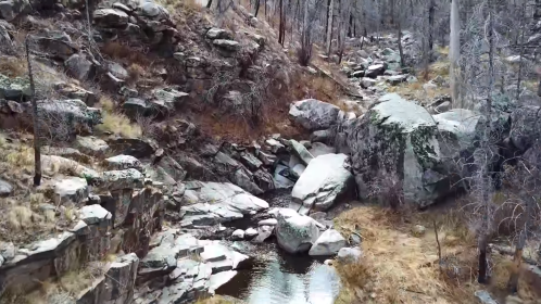 A rocky landscape with a small stream surrounded by dry vegetation and bare trees.