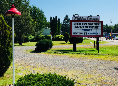Sign outside a venue reading "Open Fri Sat Sun: Back to the Future Trilogy, Sept 5th: It Chapter 2" with greenery around.