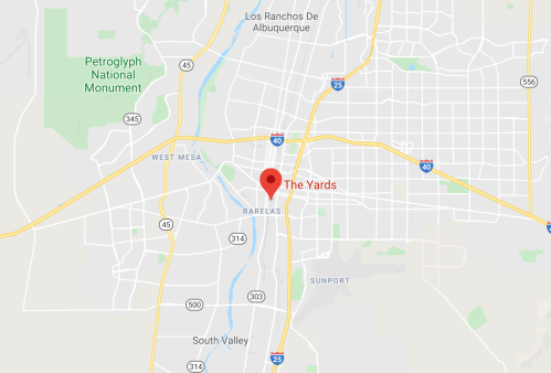 Map showing the area around "The Yards" in Albuquerque, New Mexico, with nearby roads and landmarks.