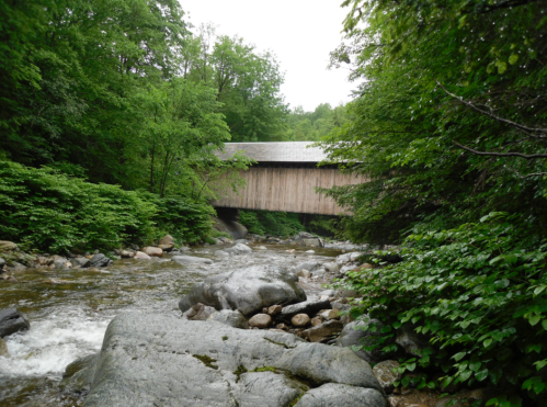 A wooden covered bridge spans a rocky stream, surrounded by lush green trees and foliage.