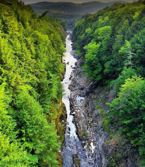 Aerial view of a winding river through a lush green forested canyon surrounded by steep rocky cliffs.
