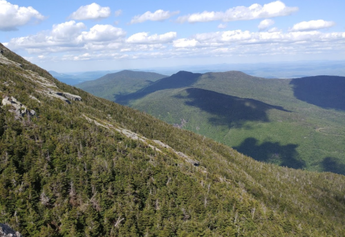 A panoramic view of green mountains under a partly cloudy sky, showcasing lush forests and distant hills.