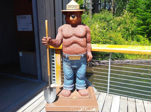 A life-sized statue of Smokey Bear, wearing a ranger hat and jeans, holding a shovel near a wooden deck by a forested area.