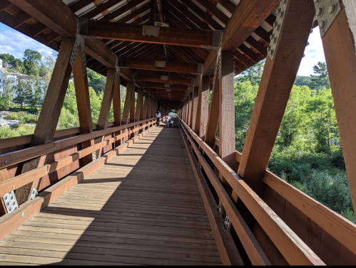 A wooden covered bridge with a long walkway, surrounded by greenery and sunlight filtering through the structure.