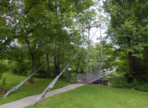 A suspension bridge surrounded by lush green trees, leading to a pathway in a serene park setting.