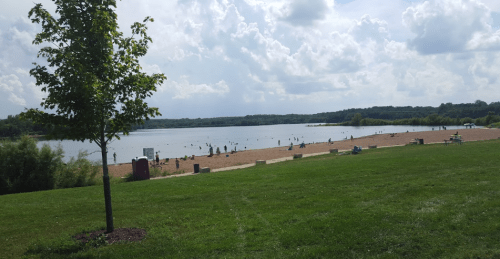 A sandy beach by a lake with people enjoying the water, surrounded by green grass and trees under a cloudy sky.