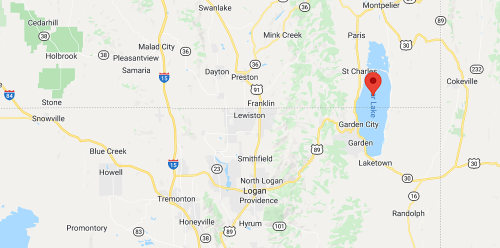 Map showing the area around Bear Lake, with nearby towns like Garden City and St. Charles in Idaho and Utah.
