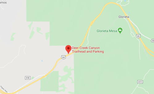 Map showing the location of Deer Creek Canyon Trailhead and Parking near Glorieta, New Mexico.