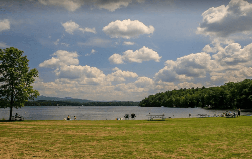 A serene lake surrounded by green grass and trees, with fluffy clouds in a blue sky and people enjoying the scenery.