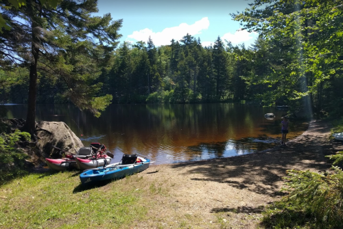 A serene lakeside scene with kayaks on the shore, surrounded by lush trees and calm water under a clear blue sky.