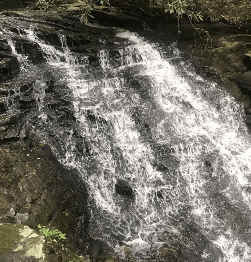 A cascading waterfall flows over rocky terrain, surrounded by lush greenery.