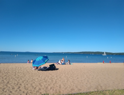 A sunny beach scene with people relaxing, an umbrella, and a sailboat in the distance under a clear blue sky.