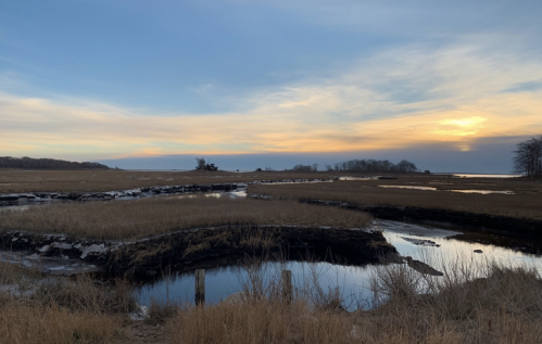 A serene landscape featuring a winding waterway, marsh grasses, and a colorful sunset sky.