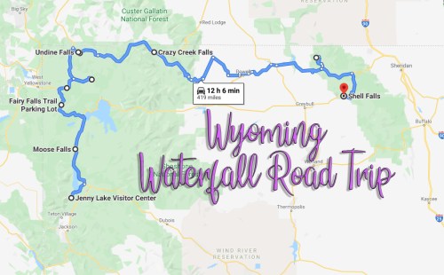 Map of a Wyoming waterfall road trip route, highlighting stops like Shell Falls and Jenny Lake Visitor Center.