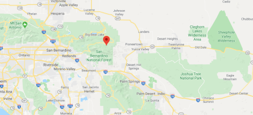 Map showing San Bernardino National Forest, with a red marker indicating a specific location within the area.