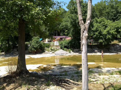 A serene river scene with a person standing in shallow water, surrounded by trees and a rocky shoreline.