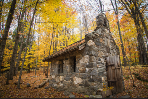 A rustic stone cabin surrounded by vibrant autumn foliage in a serene forest setting.