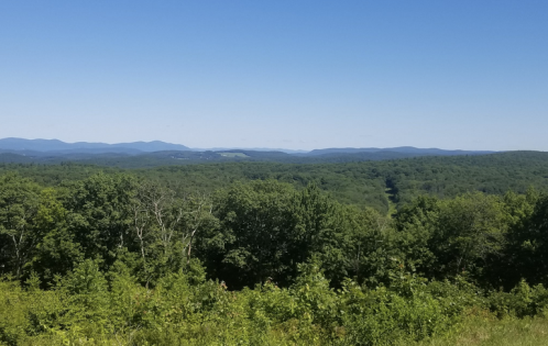 A panoramic view of lush green mountains under a clear blue sky.