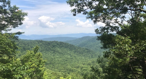 Lush green mountains stretch into the distance under a blue sky with fluffy clouds.