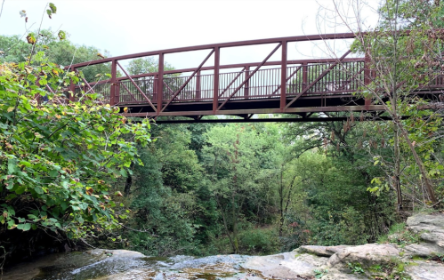 A metal bridge spans a lush green area, surrounded by trees and foliage, over a small stream.