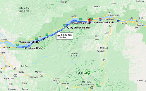 Map showing a route from Wahkeena Falls to Starvation Creek Falls, highlighting nearby landmarks and trails.