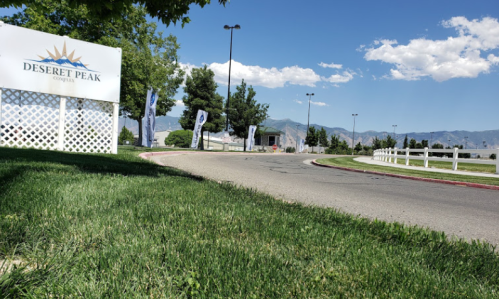A view of a road leading to Deseret Peak Complex, with mountains and blue sky in the background. Green grass in the foreground.