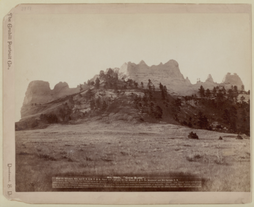 Black and white photograph of rugged rock formations and trees against a grassy landscape.