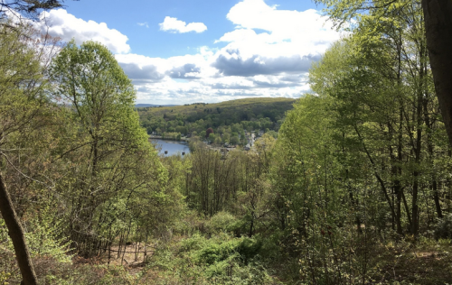 A scenic view of a lush green landscape with a river and small town under a partly cloudy sky.