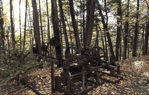 Rusty machinery surrounded by autumn foliage in a forest setting.
