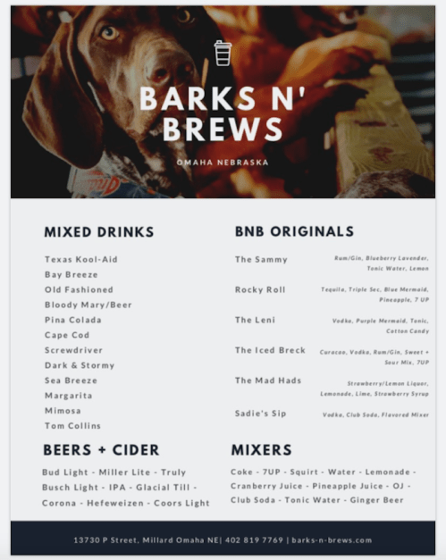Menu for Barks N' Brews in Omaha, featuring mixed drinks, beers, ciders, and unique cocktails.