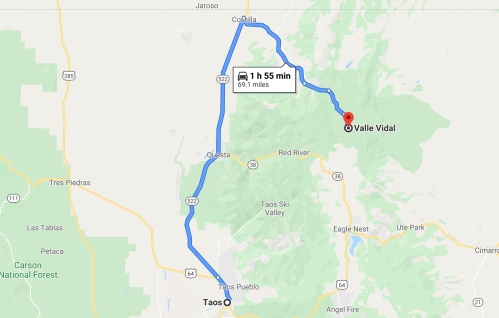 Map showing a route from Taos to Valle Vidal, taking approximately 1 hour and 55 minutes over 69.1 miles.