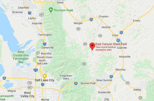 Map showing East Canyon State Park in Utah, highlighting it as a year-round outdoor recreation area.