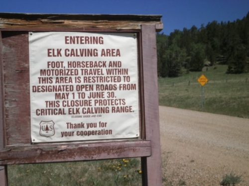 Sign indicating entry to an elk calving area, restricting travel from May 1 to June 30 for elk protection.