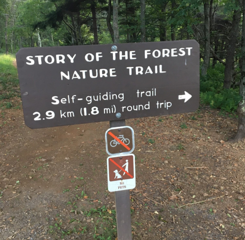 Sign for "Story of the Forest Nature Trail," indicating a 2.9 km self-guiding trail with no pets or bikes allowed.