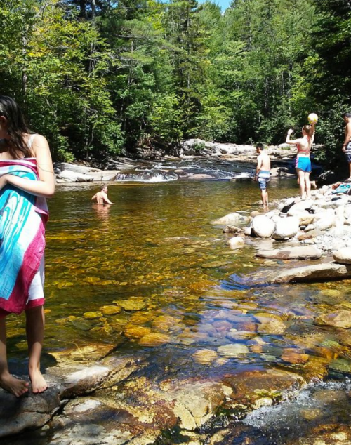 A group of people enjoying a sunny day by a clear river, surrounded by trees and rocky banks.