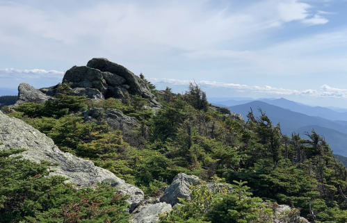 Rocky mountain landscape with scattered trees and distant blue mountains under a partly cloudy sky.